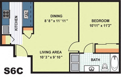 Floor plan for 1 bed, 1 bath, 610 sqft