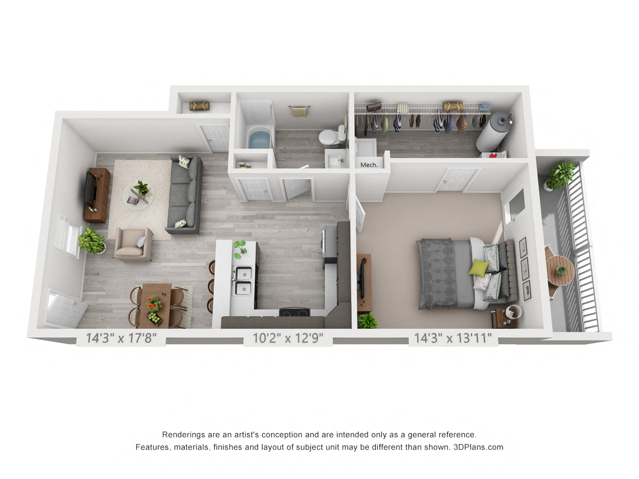 Floor plan for 1 bed, 1 bath, 760 sqft