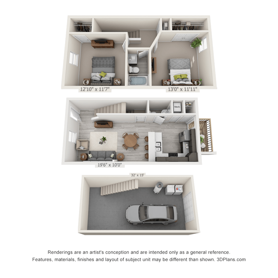 Floor plan for 2 beds, 1.5 baths, 1024 sqft