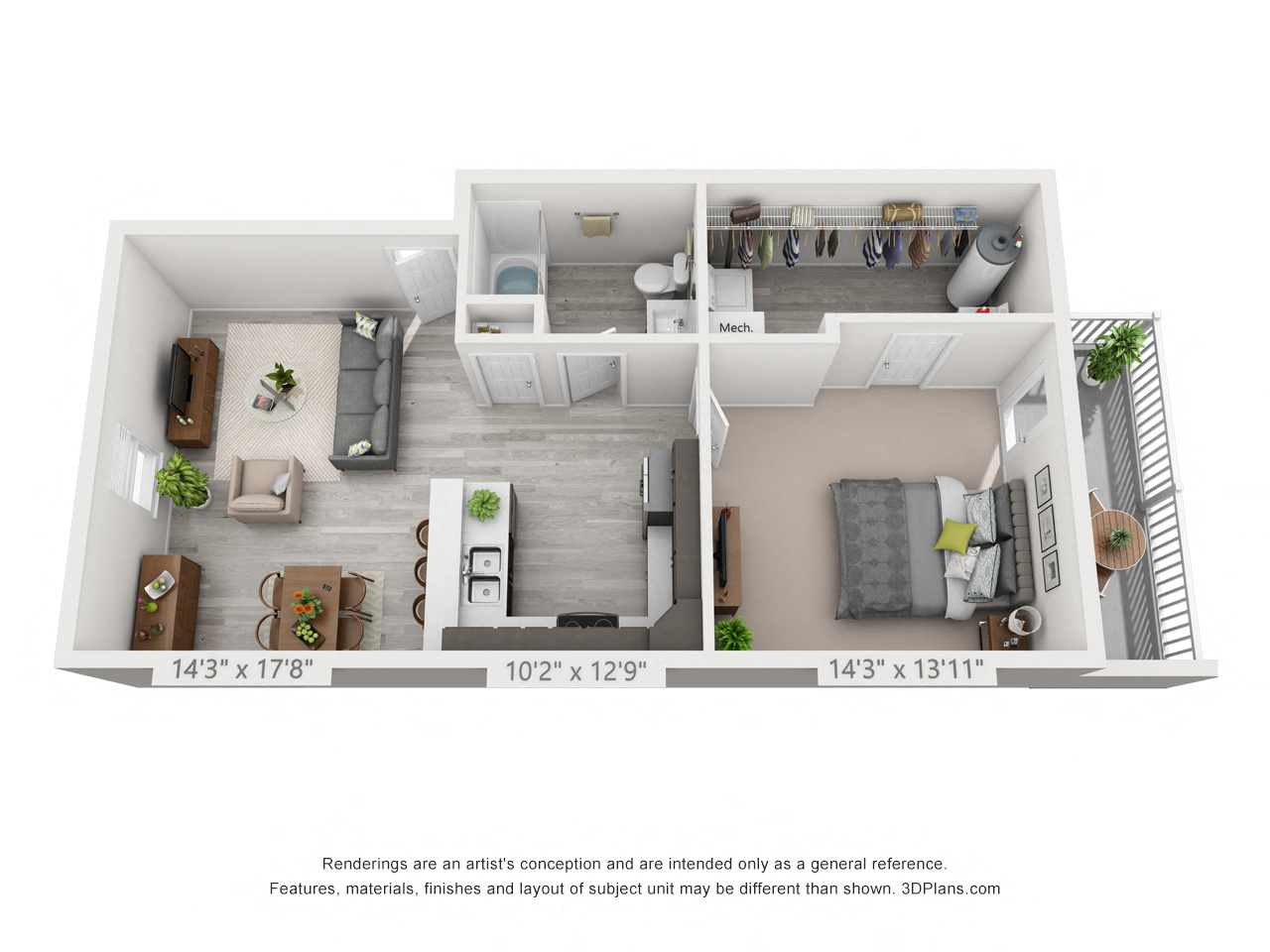 Floor plan for 1 bed, 1 bath, 760 sqft