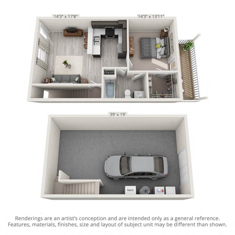 Floor plan for 1 bed, 1 bath, 760 sqft