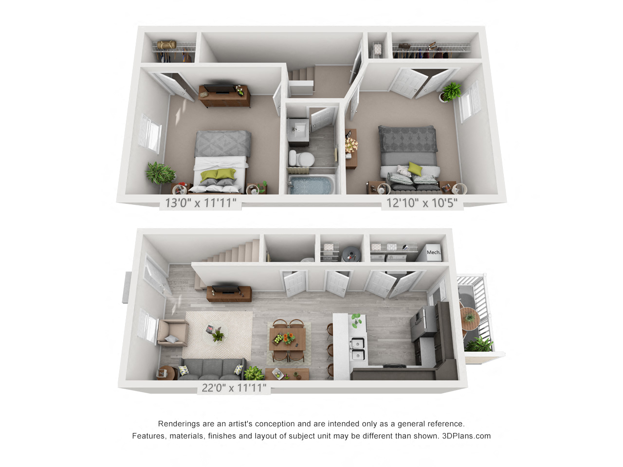 Floor plan for 2 beds, 1.5 baths, 1024 sqft