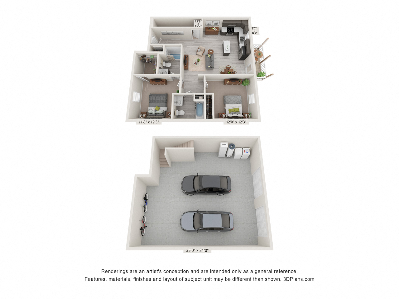 Floor plan for 2 beds, 2 baths, 1152 sqft