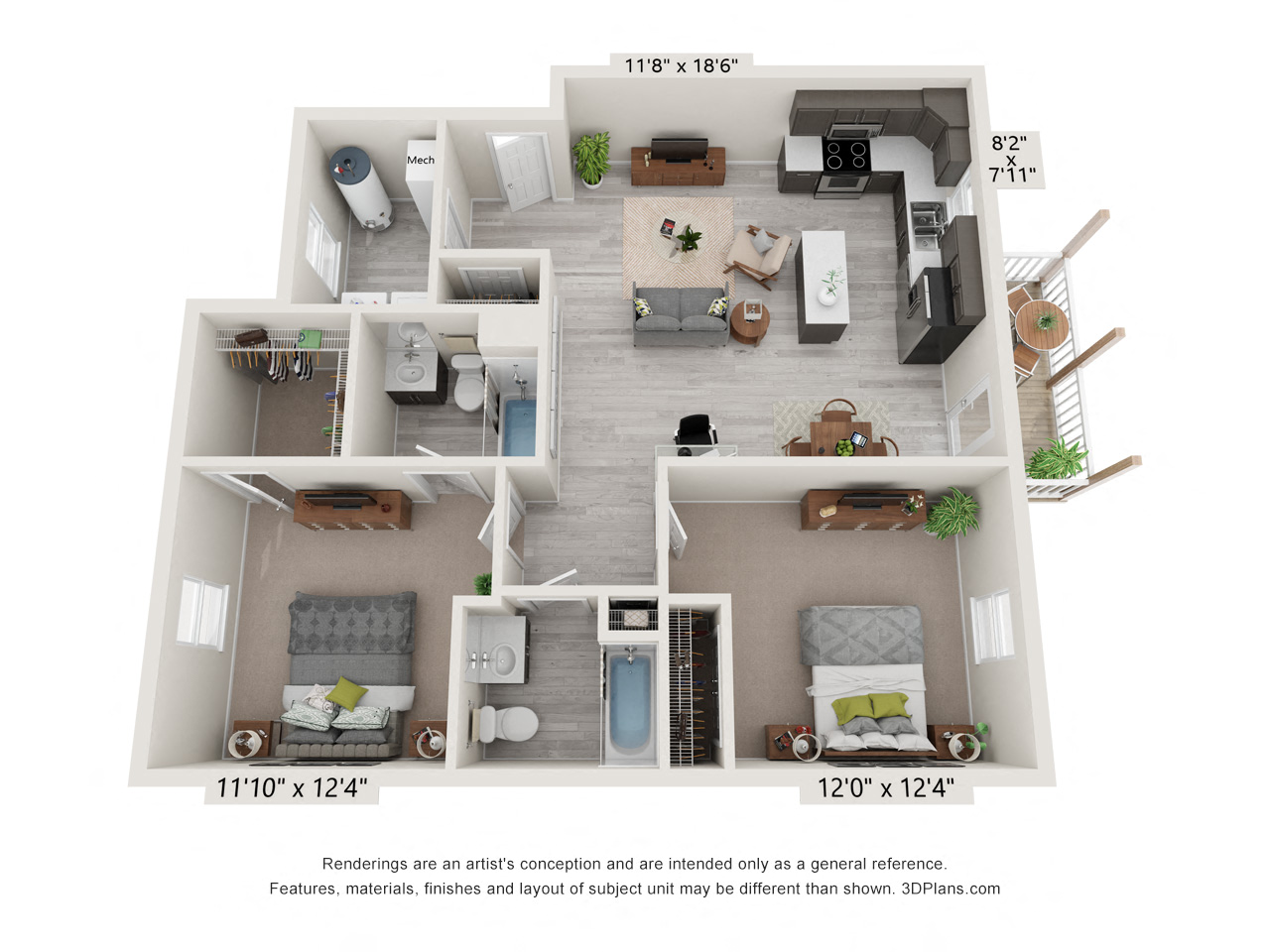 Floor plan for 2 beds, 2 baths, 1152 sqft