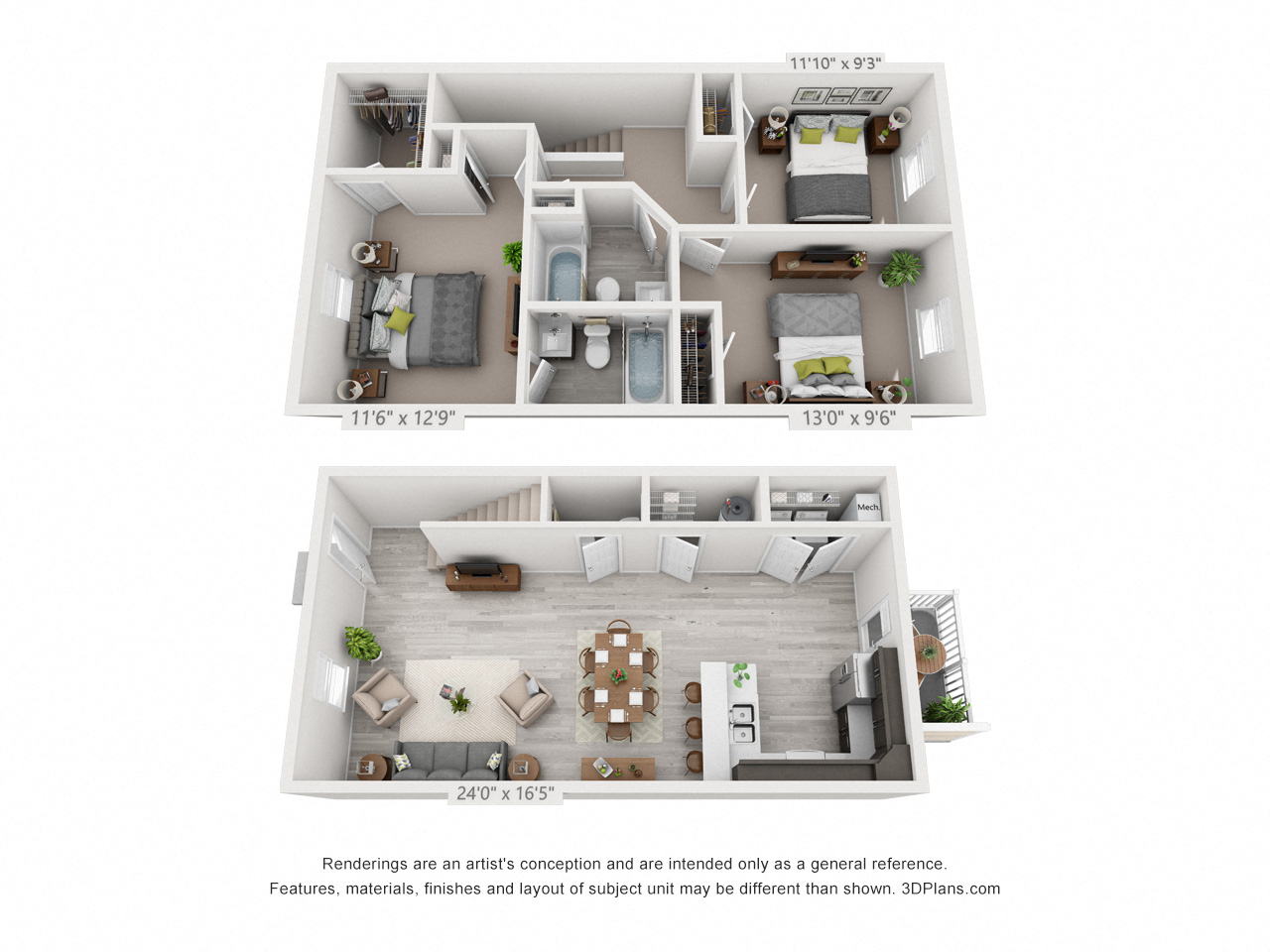 Floor plan for 3 beds, 2.5 baths, 1440 sqft