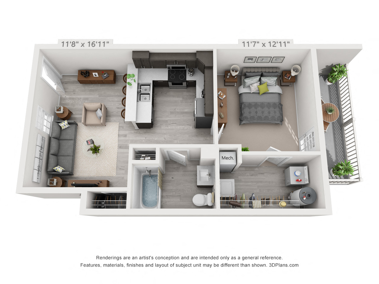 Floor plan for 1 bed, 1 bath, 680 sqft