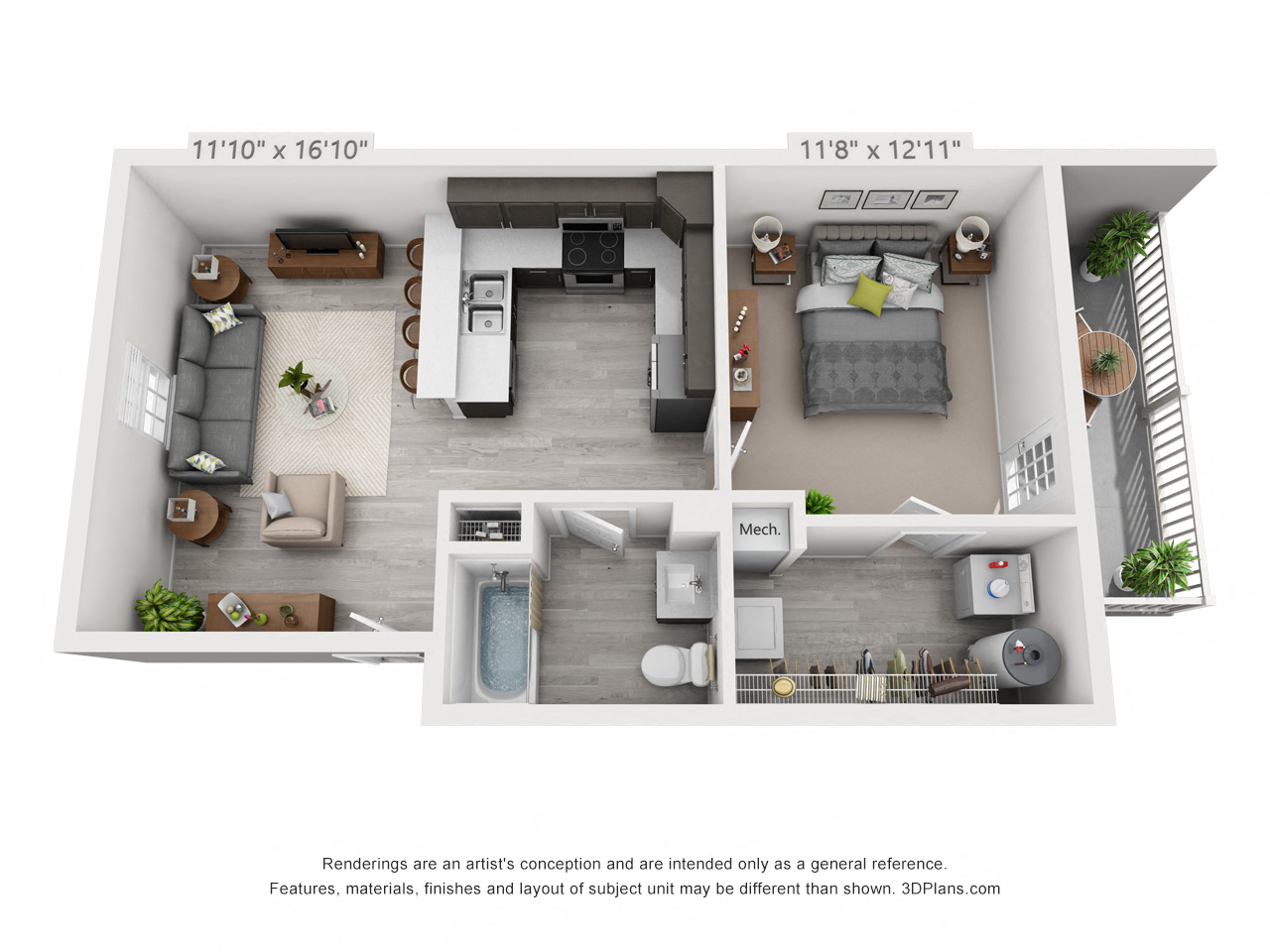 Floor plan for 1 bed, 1 bath, 680 sqft