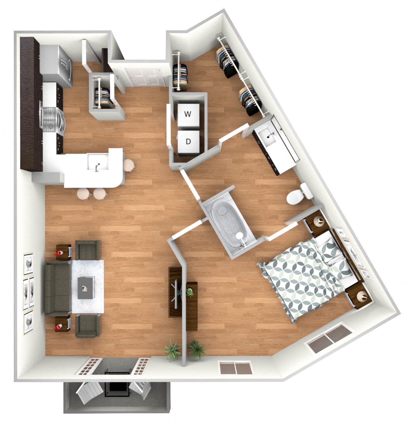 Floor plan for 1 bed, 1 bath, 728 sqft