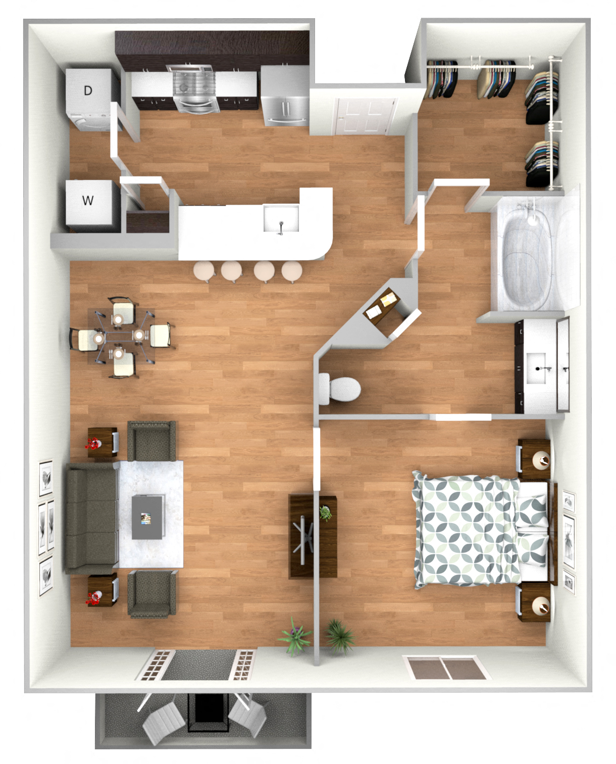 Floor plan for 1 bed, 1 bath, 667 sqft