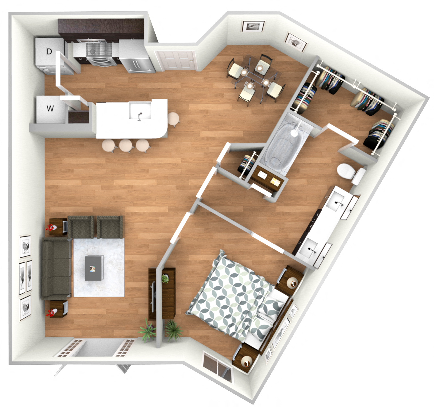 Floor plan for 1 bed, 1 bath, 836 sqft