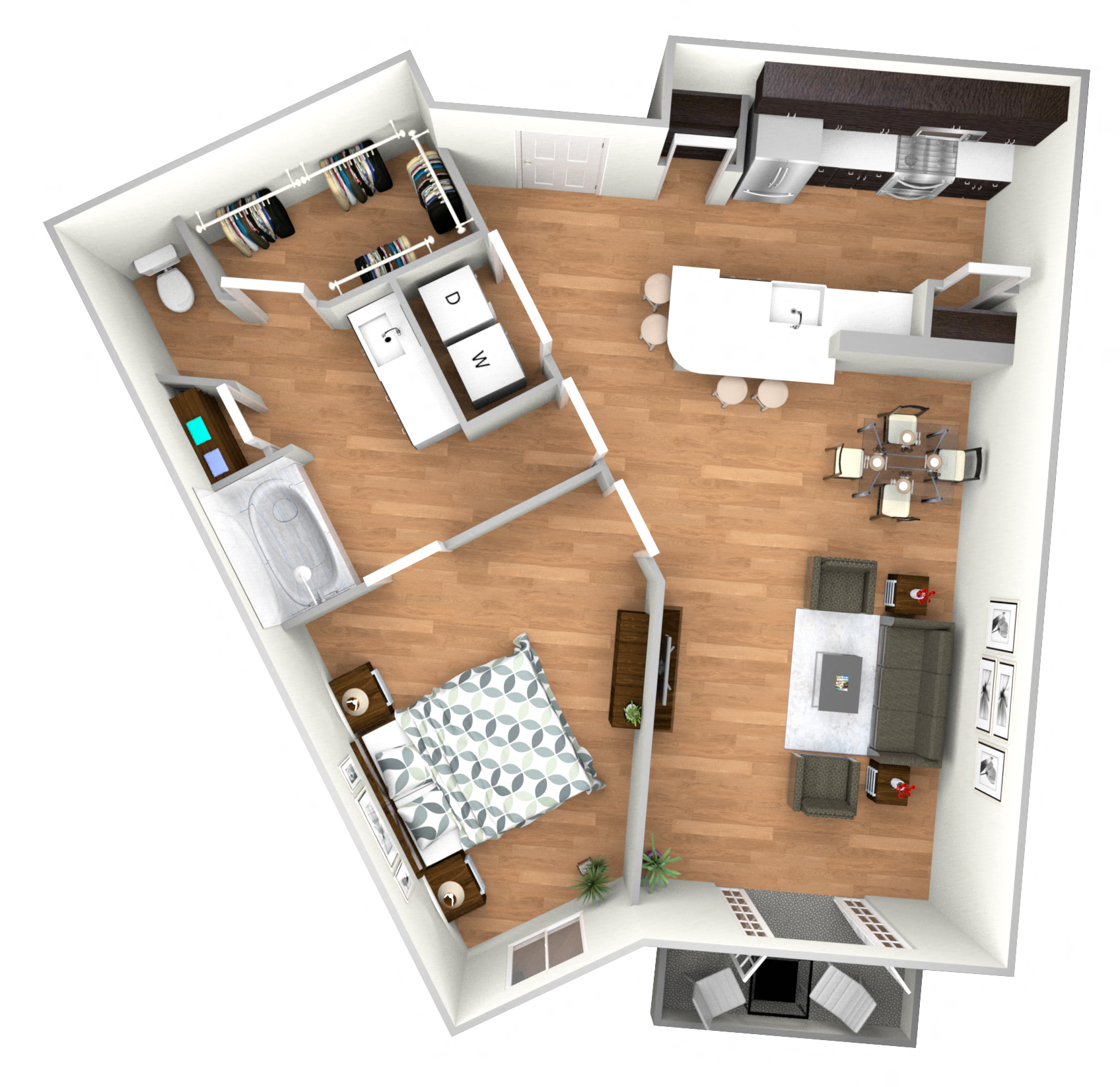 Floor plan for 1 bed, 1 bath, 752 sqft