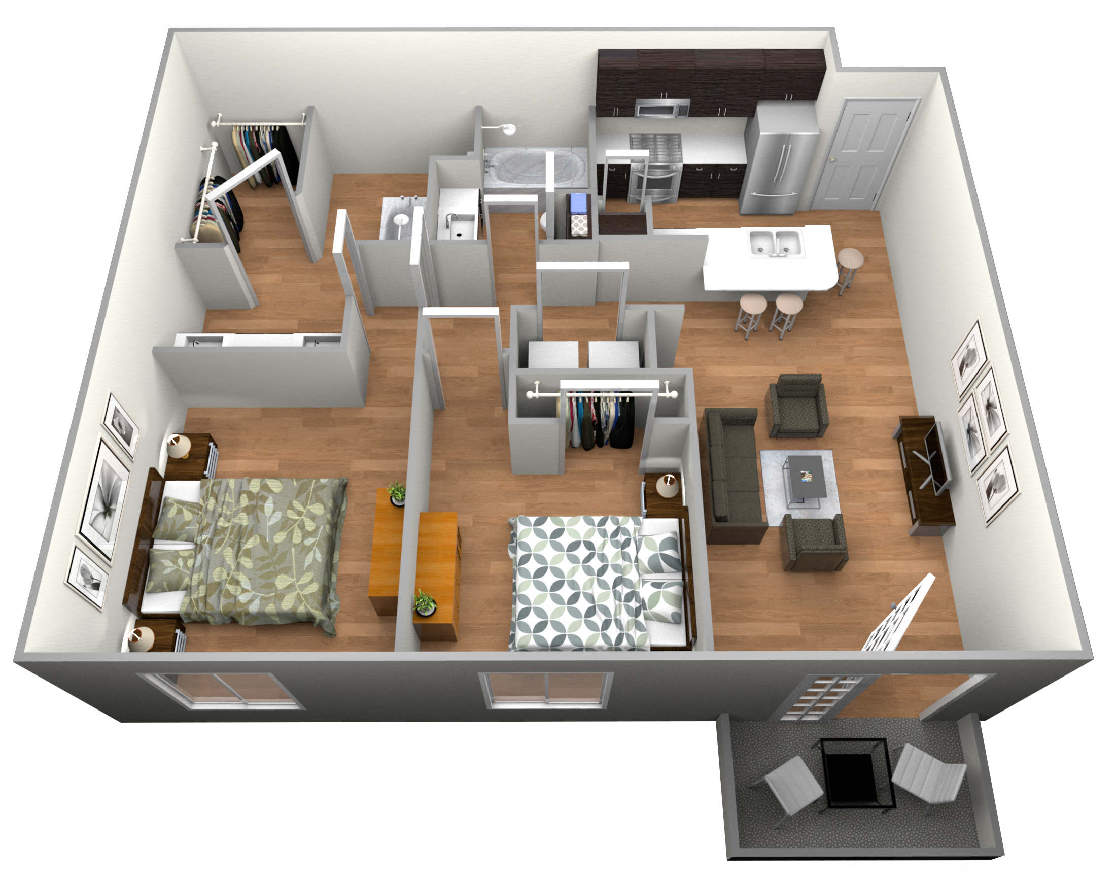 Floor plan for 2 beds, 2 baths, 1020 sqft