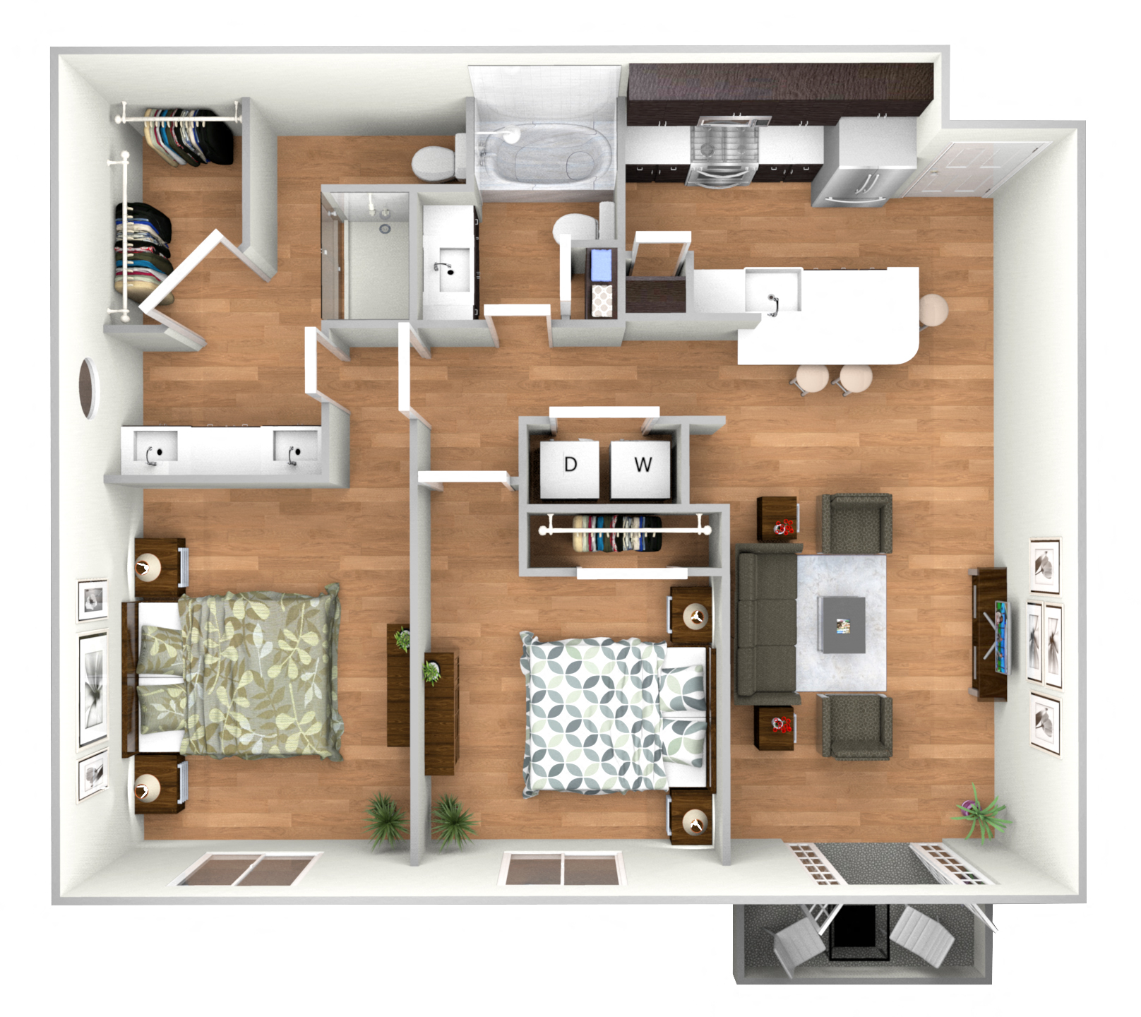 Floor plan for 2 beds, 2 baths, 1062 sqft