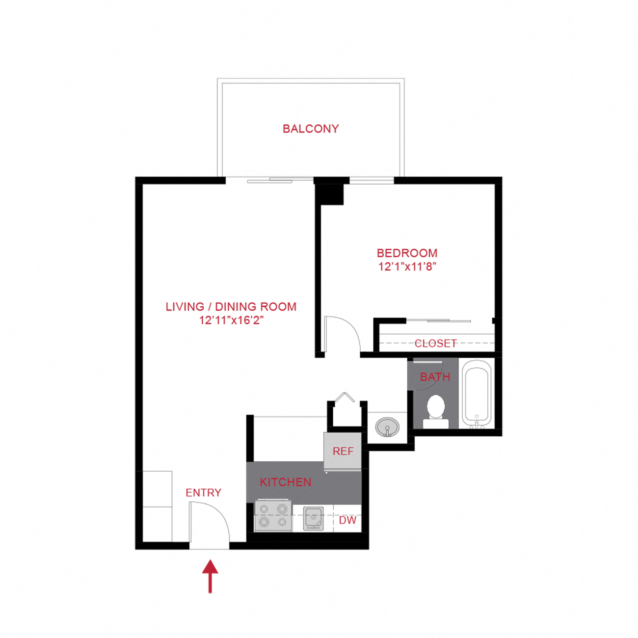 Floor plan for 1 bed, 1 bath, 580 sqft