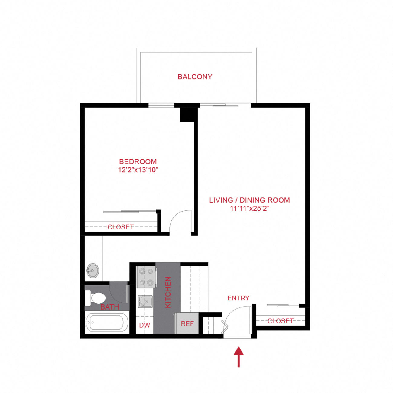 Floor plan for 1 bed, 1 bath, 630 sqft