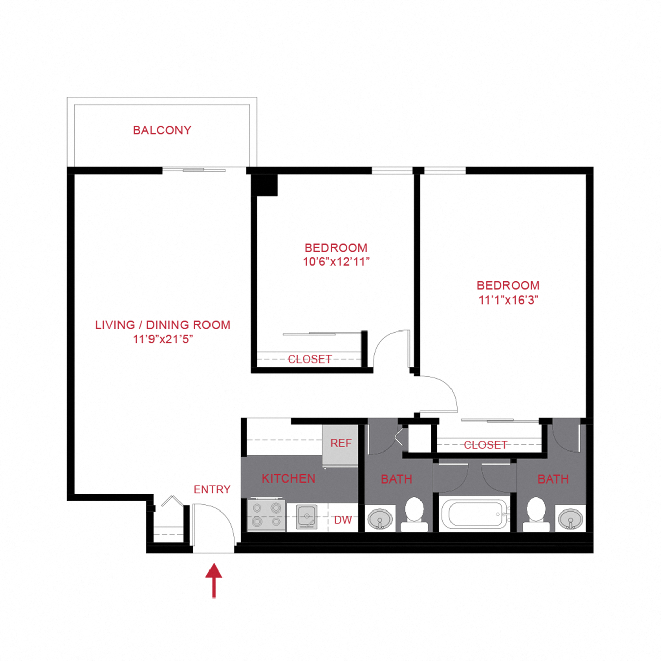 Floor plan for 2 beds, 1.5 baths, 880 sqft