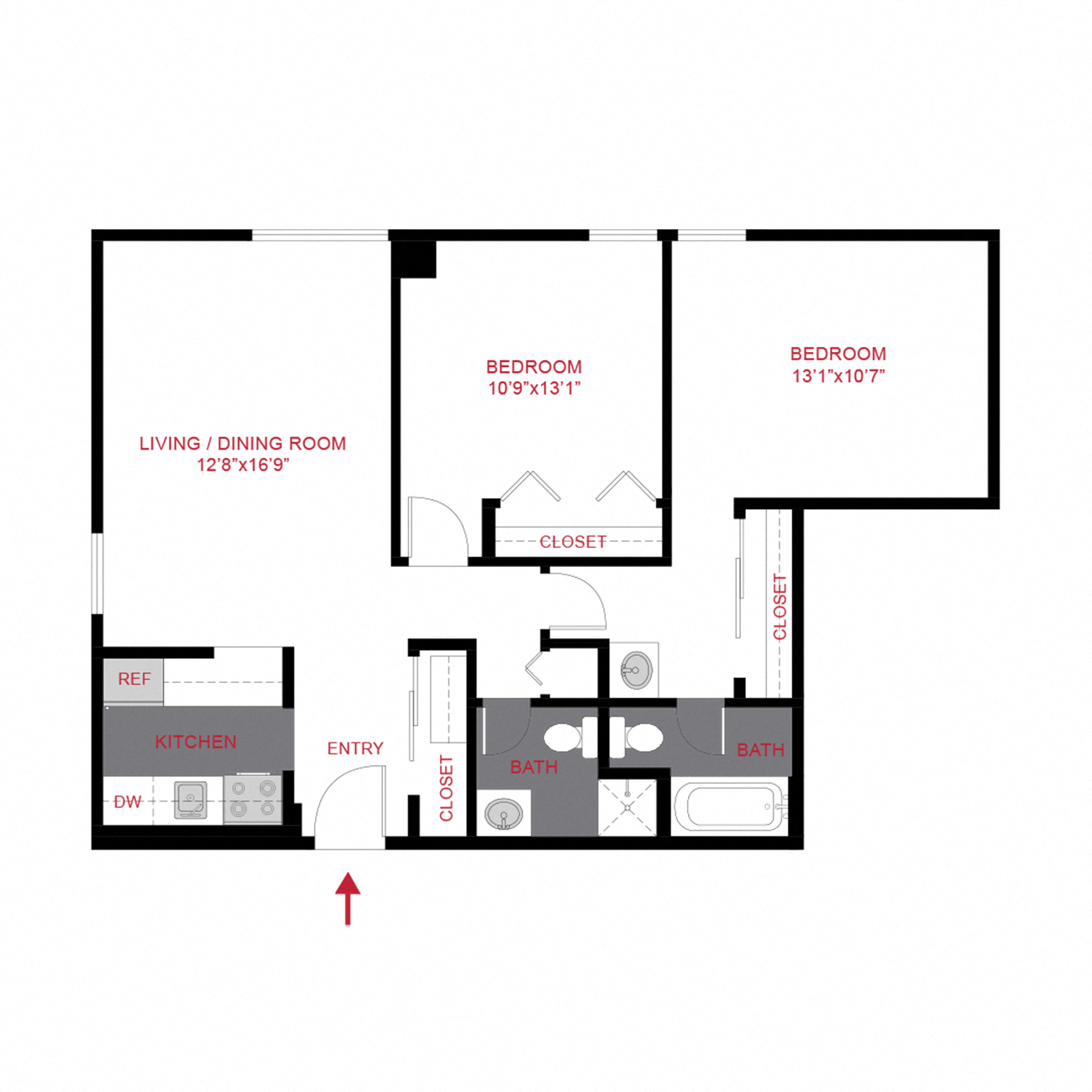 Floor plan for 2 beds, 2 baths, 985 sqft