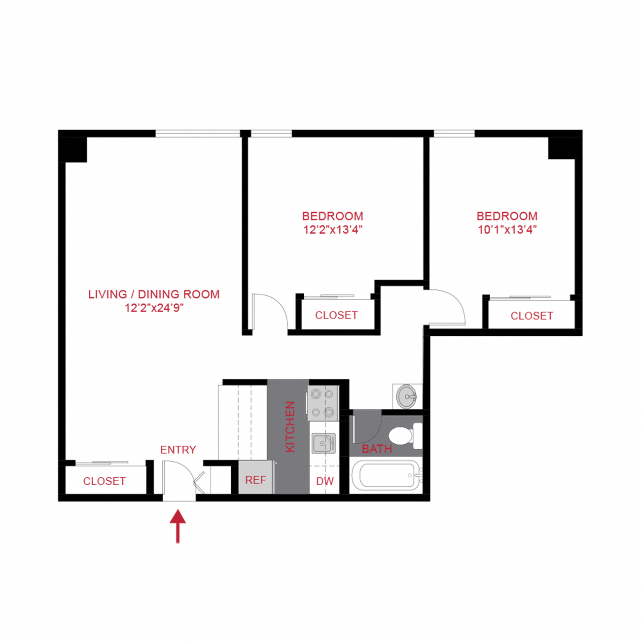 Floor plan for 2 beds, 1 bath, 880 sqft