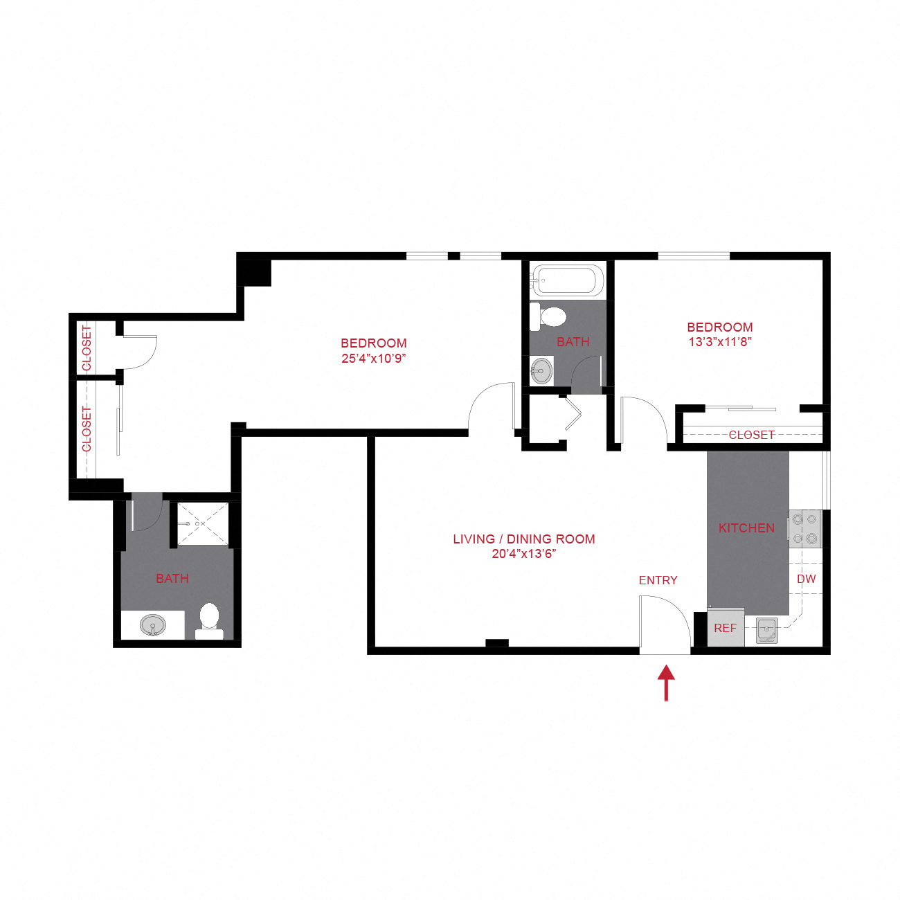 Floor plan for 2 beds, 2 baths, 1100 sqft