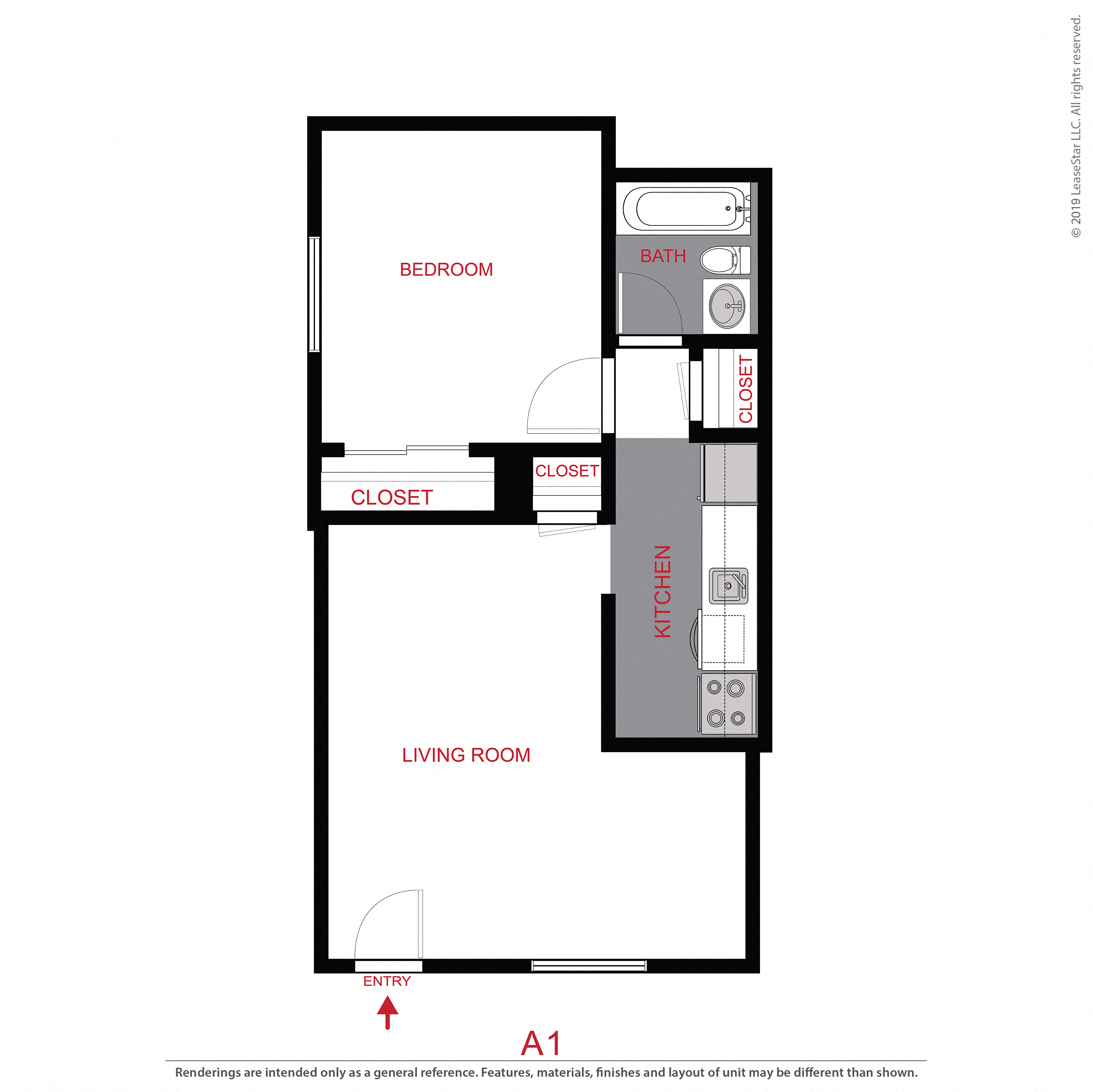 Floor plan for 1 bed, 1 bath, 500 sqft