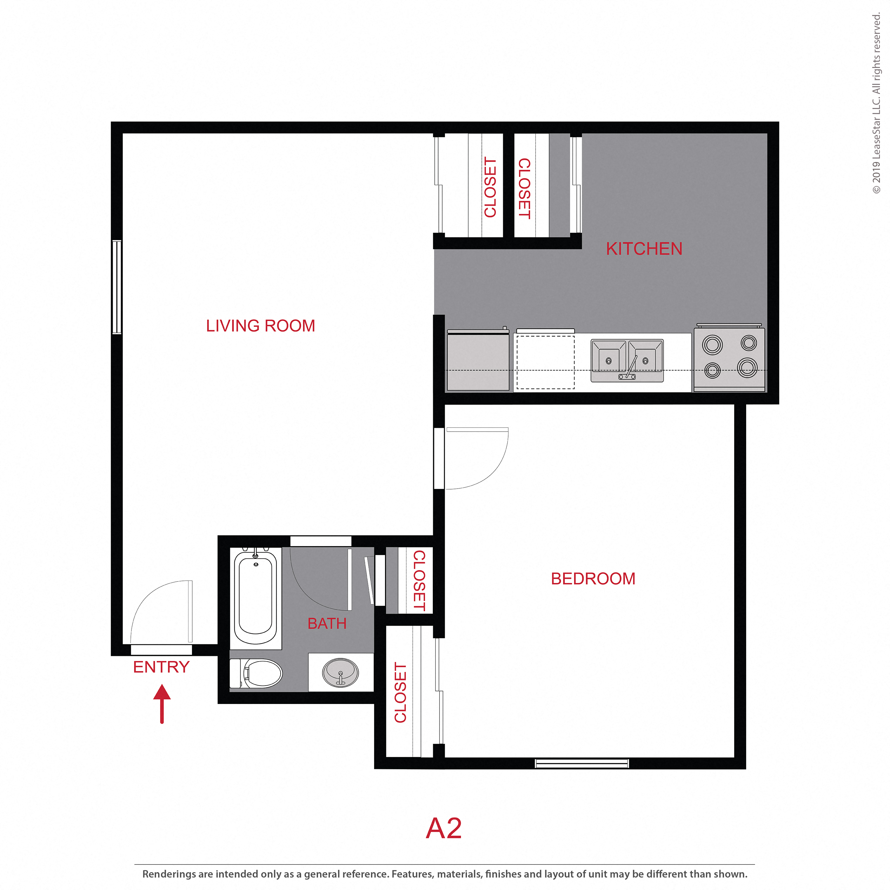 Floor plan for 1 bed, 1 bath, 500 sqft