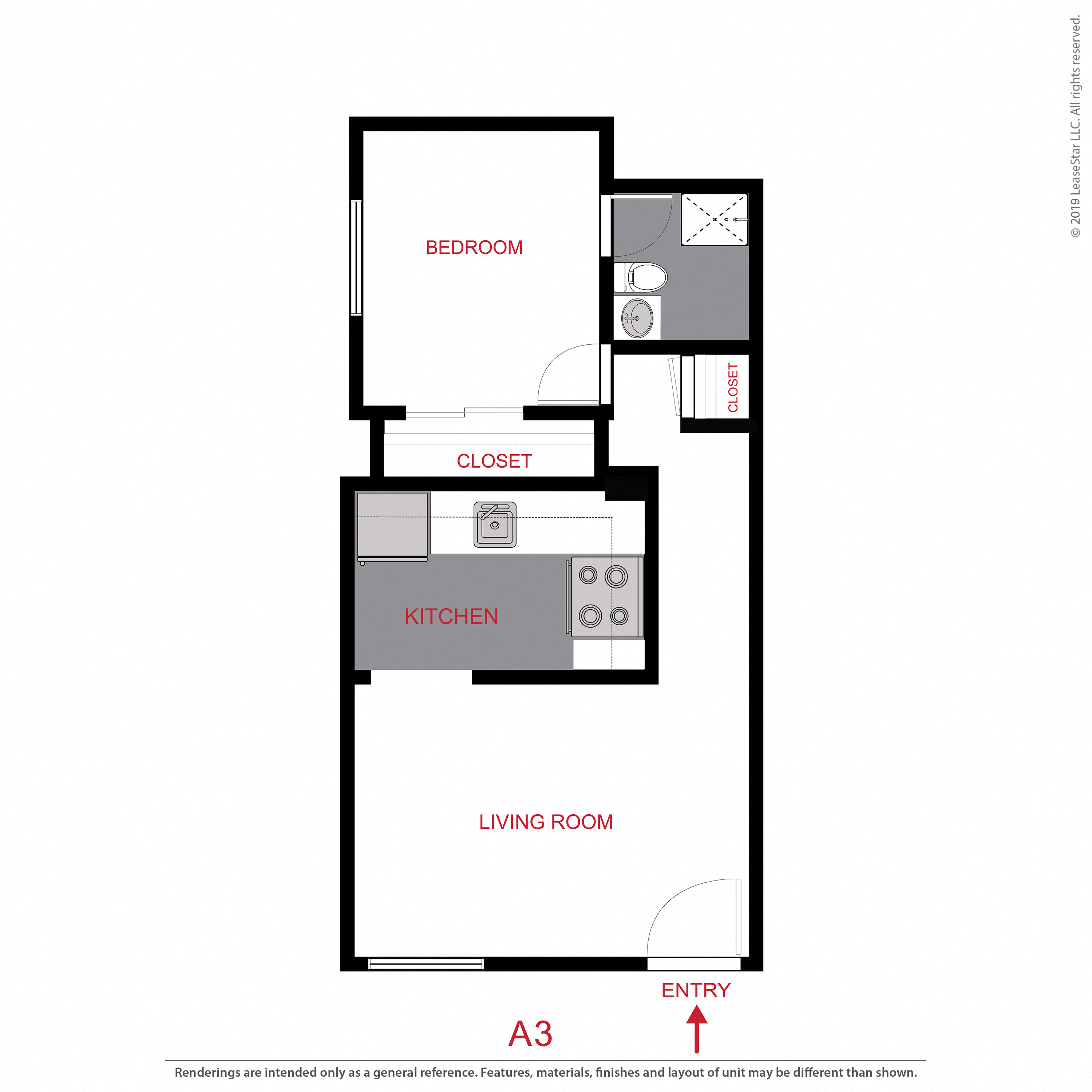 Floor plan for 1 bed, 1 bath, 500 sqft