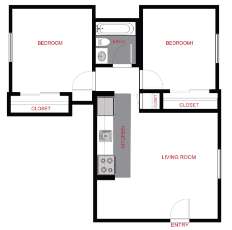 Floor plan for 2 beds, 1 bath, 700 sqft