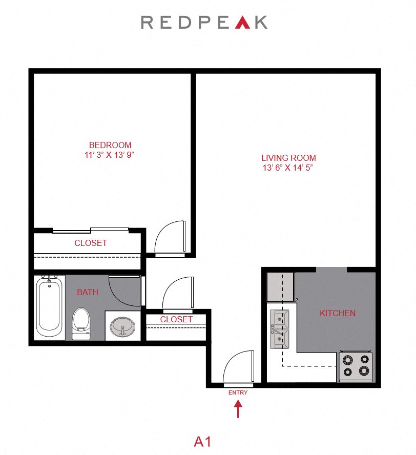 Floor plan for 1 bed, 1 bath, 500 sqft