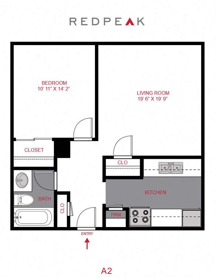 Floor plan for 1 bed, 1 bath, 500 sqft