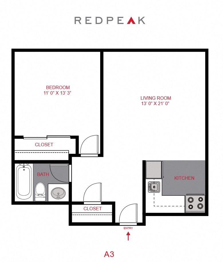 Floor plan for 1 bed, 1 bath, 500 sqft