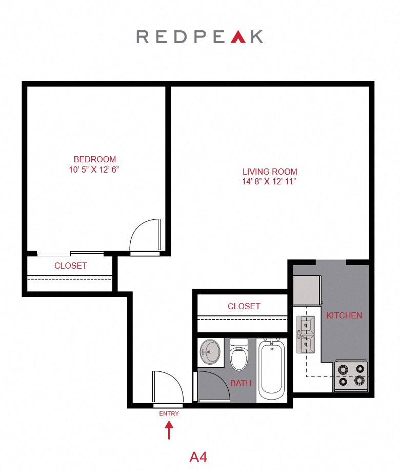 Floor plan for 1 bed, 1 bath, 500 sqft