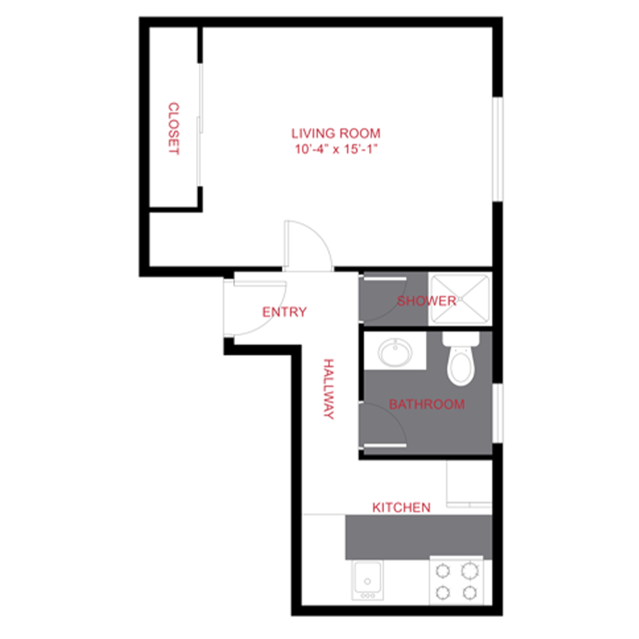 Floor plan for studio, 1 bath, 308 sqft