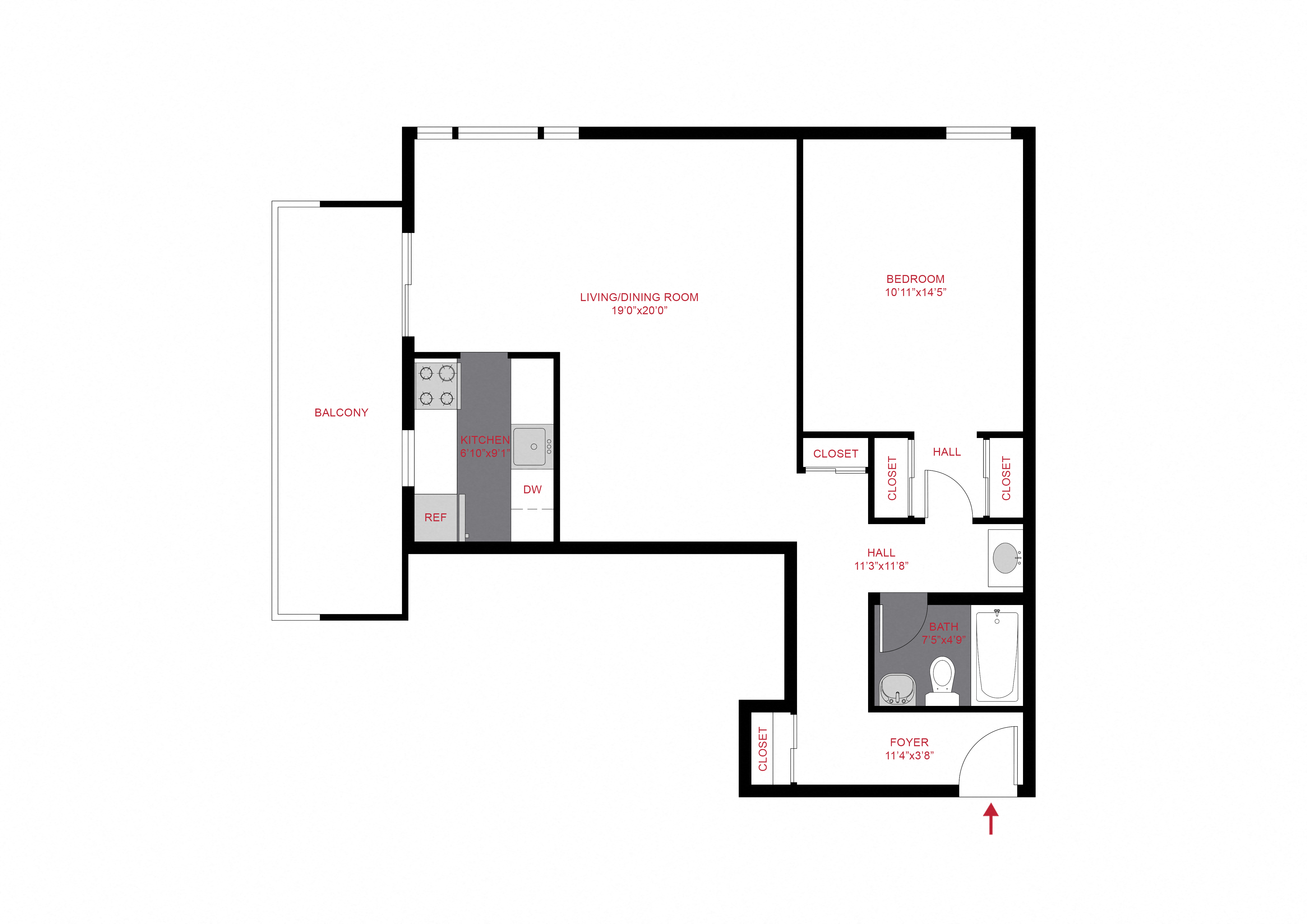 Floor plan for 1 bed, 1 bath, 700 sqft