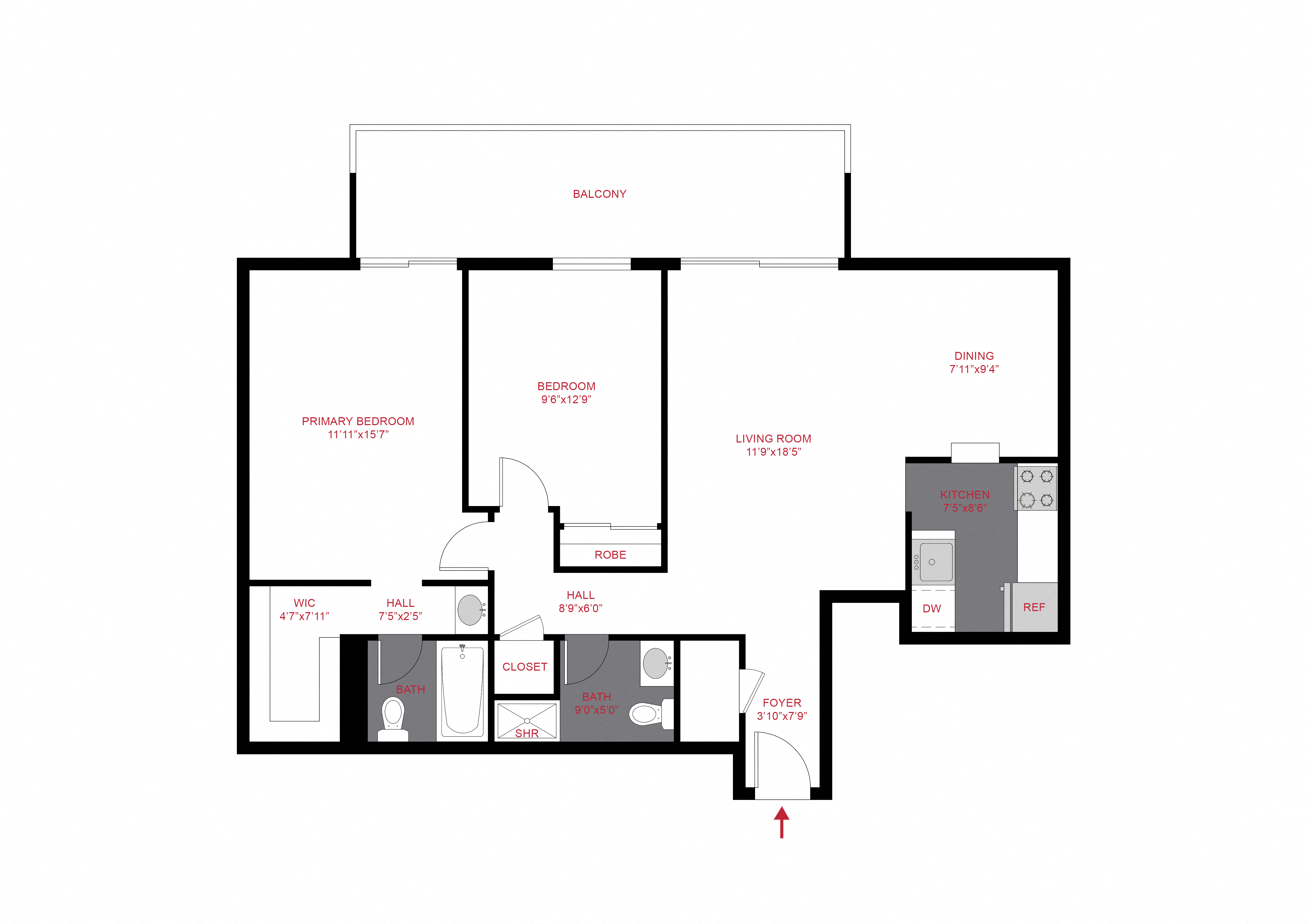 Floor plan for 2 beds, 1 bath, 900 sqft
