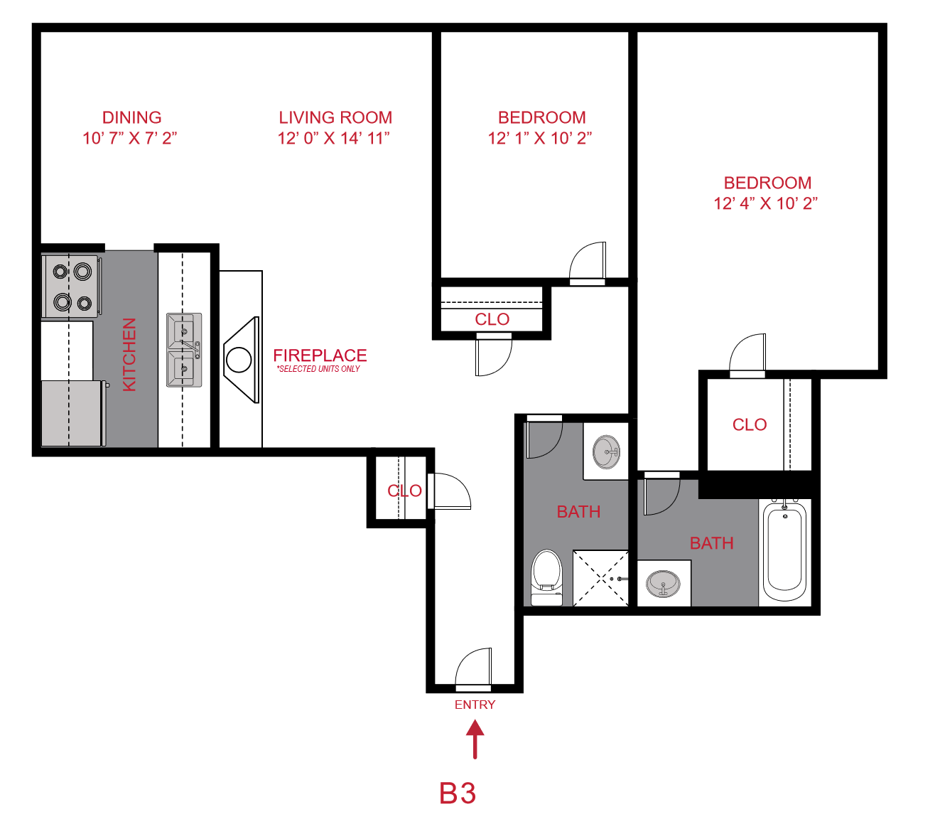 Floor plan for 2 beds, 1 bath, 1020 sqft