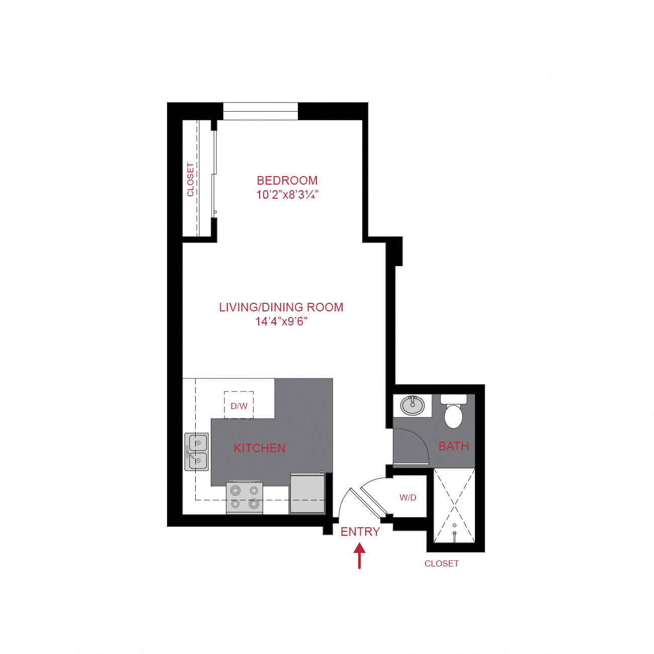 Floor plan for studio, 1 bath, 496 sqft