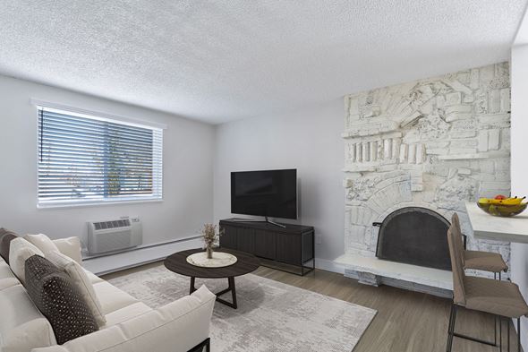 Denver apartment for rent - a living room with a white couch and a fireplace