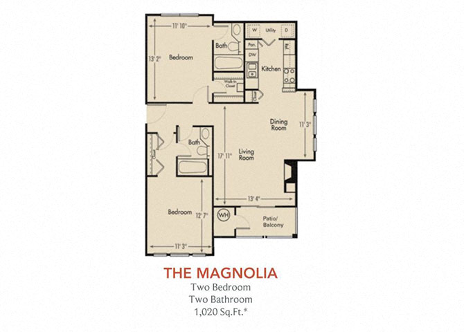 Floor plan for 2 beds, 2 baths, 1020 sqft