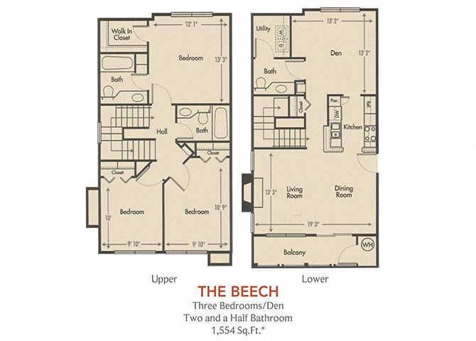 Floor plan for 3 beds, 2.5 baths, 1554 sqft