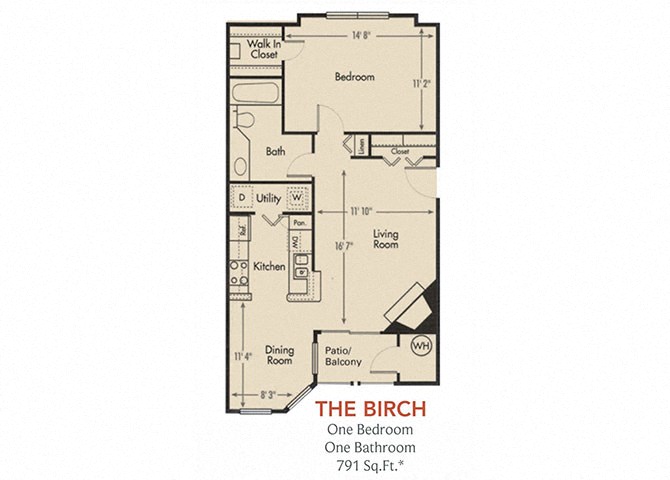 Floor plan for 1 bed, 1 bath, 791 sqft