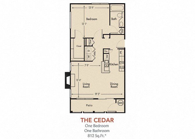 Floor plan for 1 bed, 1 bath, 812 sqft