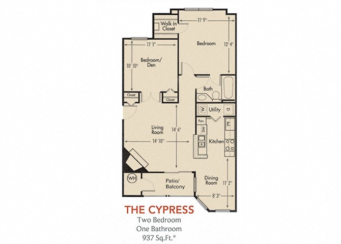 Floor plan for 2 beds, 1 bath, 937 sqft