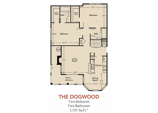 Floor plan for 2 beds, 2 baths, 1131 sqft