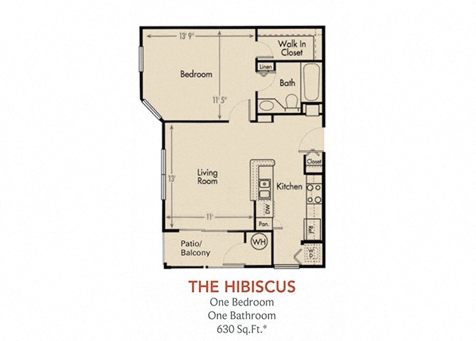 Floor plan for 1 bed, 1 bath, 630 sqft