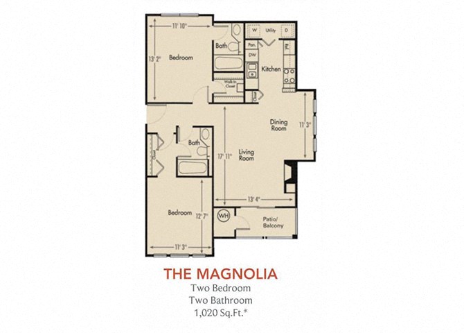 Floor plan for 2 beds, 2 baths, 1020 sqft