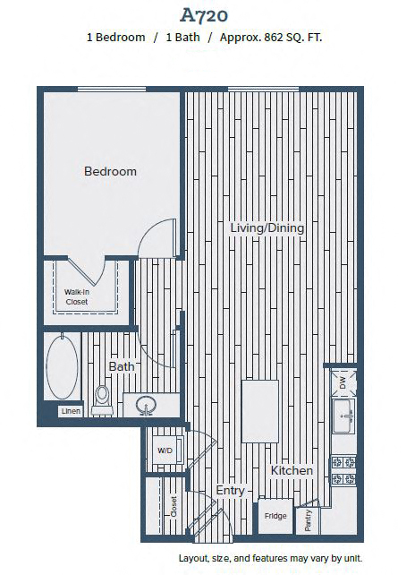 Floor plan for 1 bed, 1 bath, 858 sqft