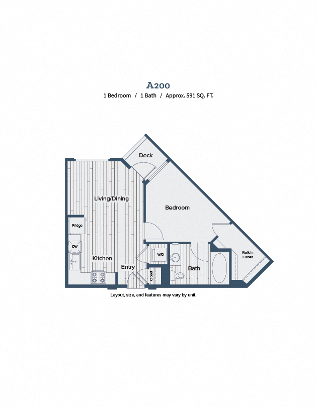 Floor plan for 1 bed, 1 bath, 602 sqft