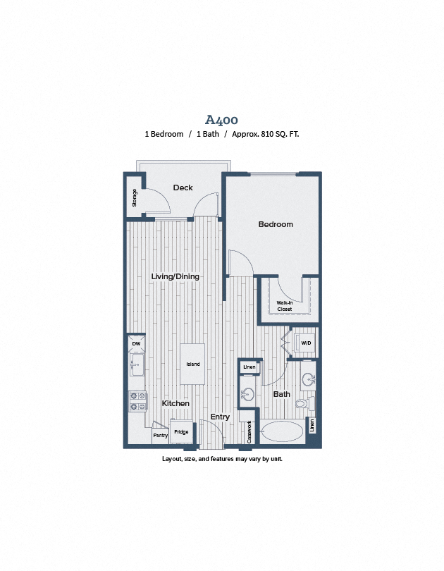 Floor plan for 1 bed, 1 bath, 768 sqft