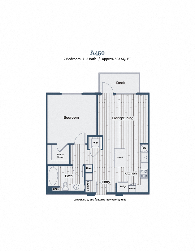 Floor plan for 1 bed, 1 bath, 803 sqft