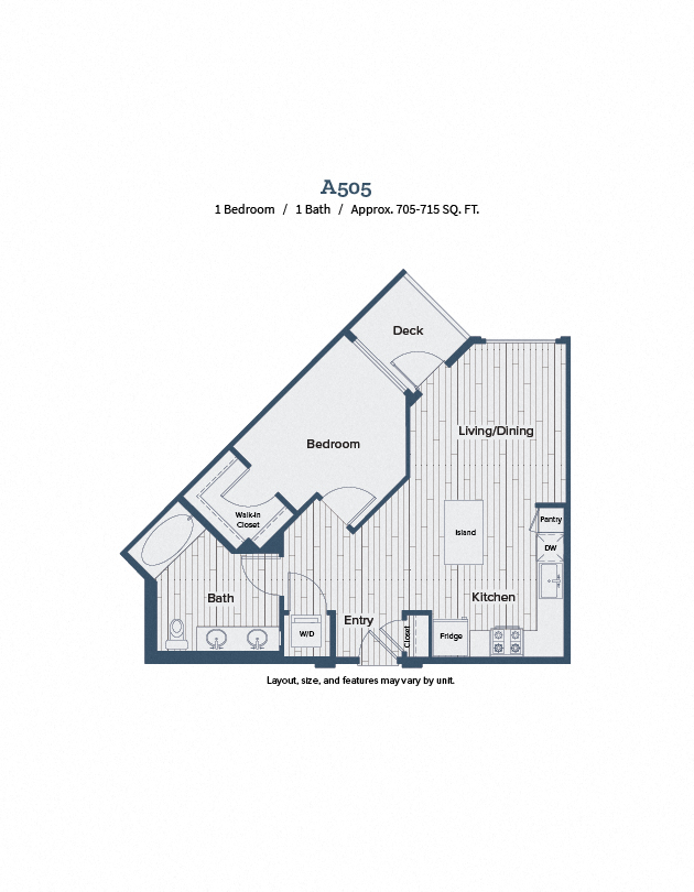 Floor plan for 1 bed, 1 bath, 715 sqft